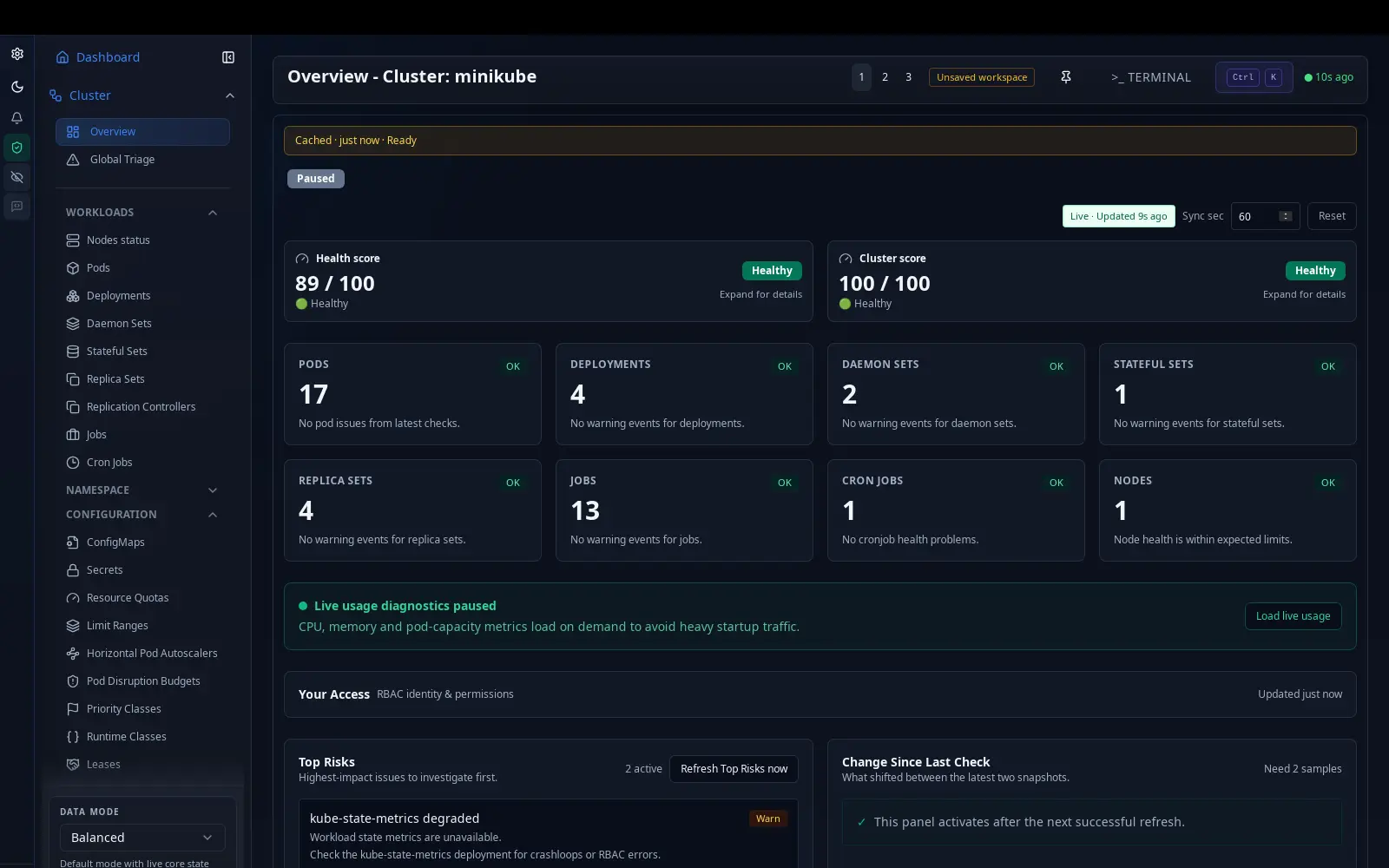 Rozoom cluster overview — live health score, workload counts for pods, deployments and nodes, top risks and RBAC access, all on one screen