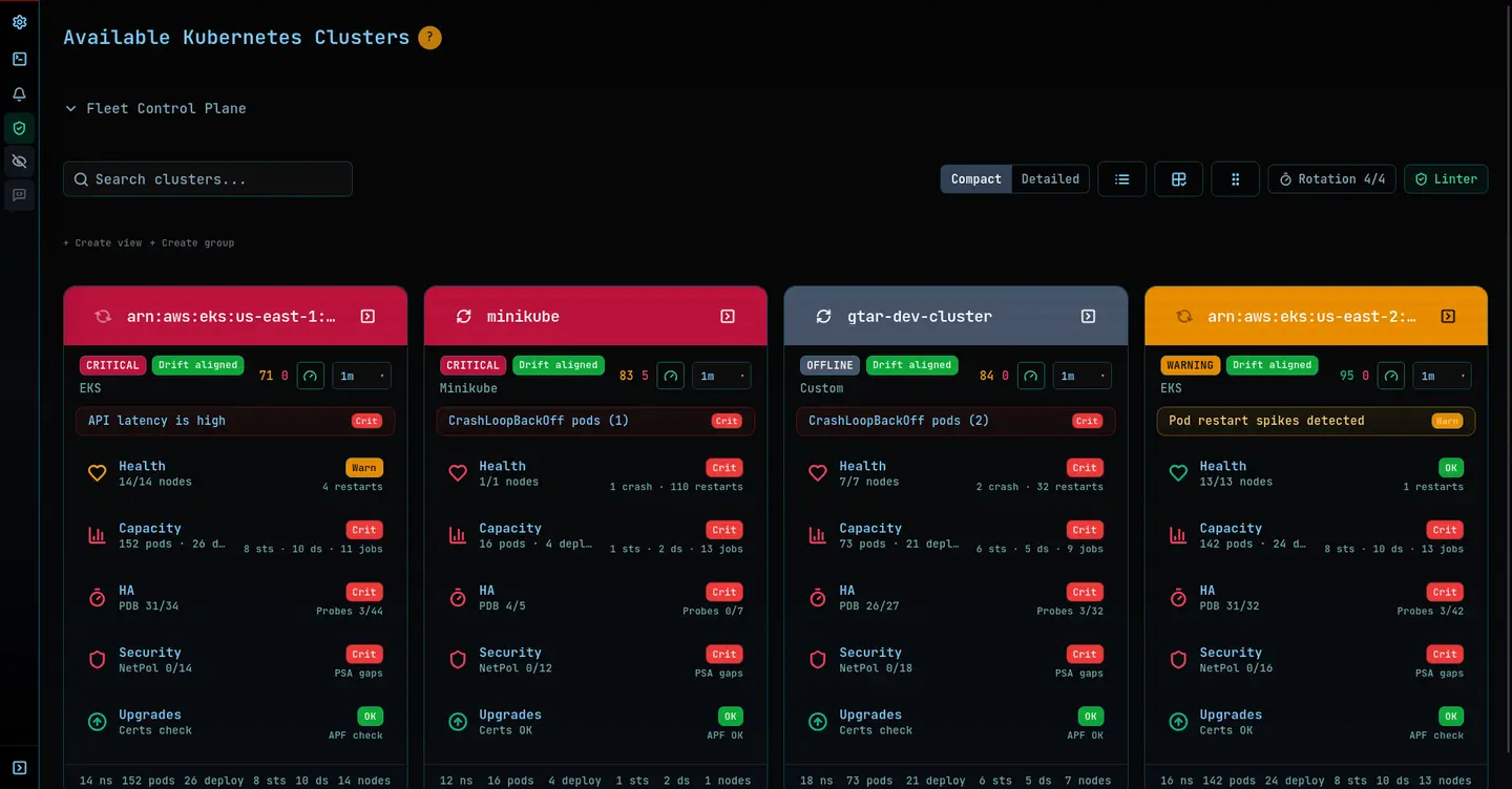 Rozoom fleet view — auto-detected local minikube alongside remote EKS clusters, each showing health, capacity, and security at a glance